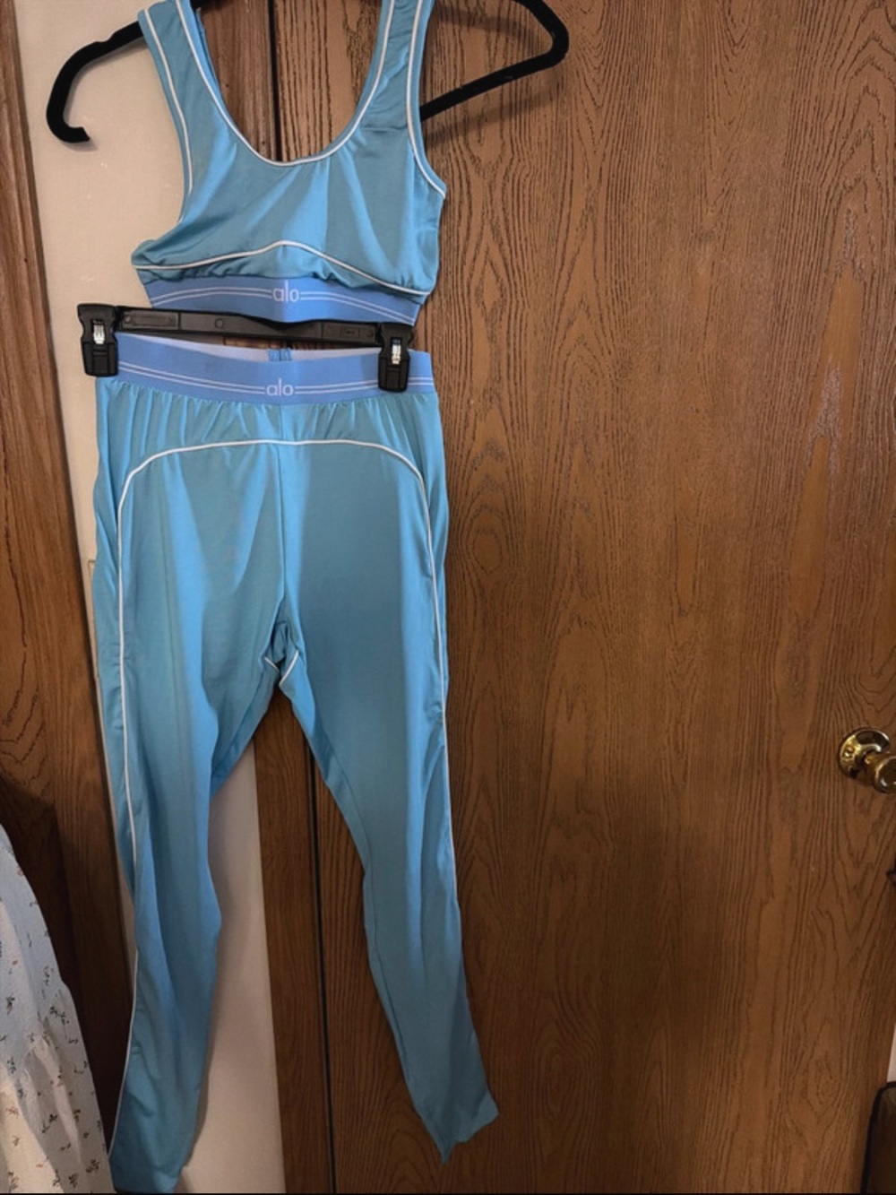 ALO Yoga Sky Blue Performance Leggings and Matching Sports Bra Set